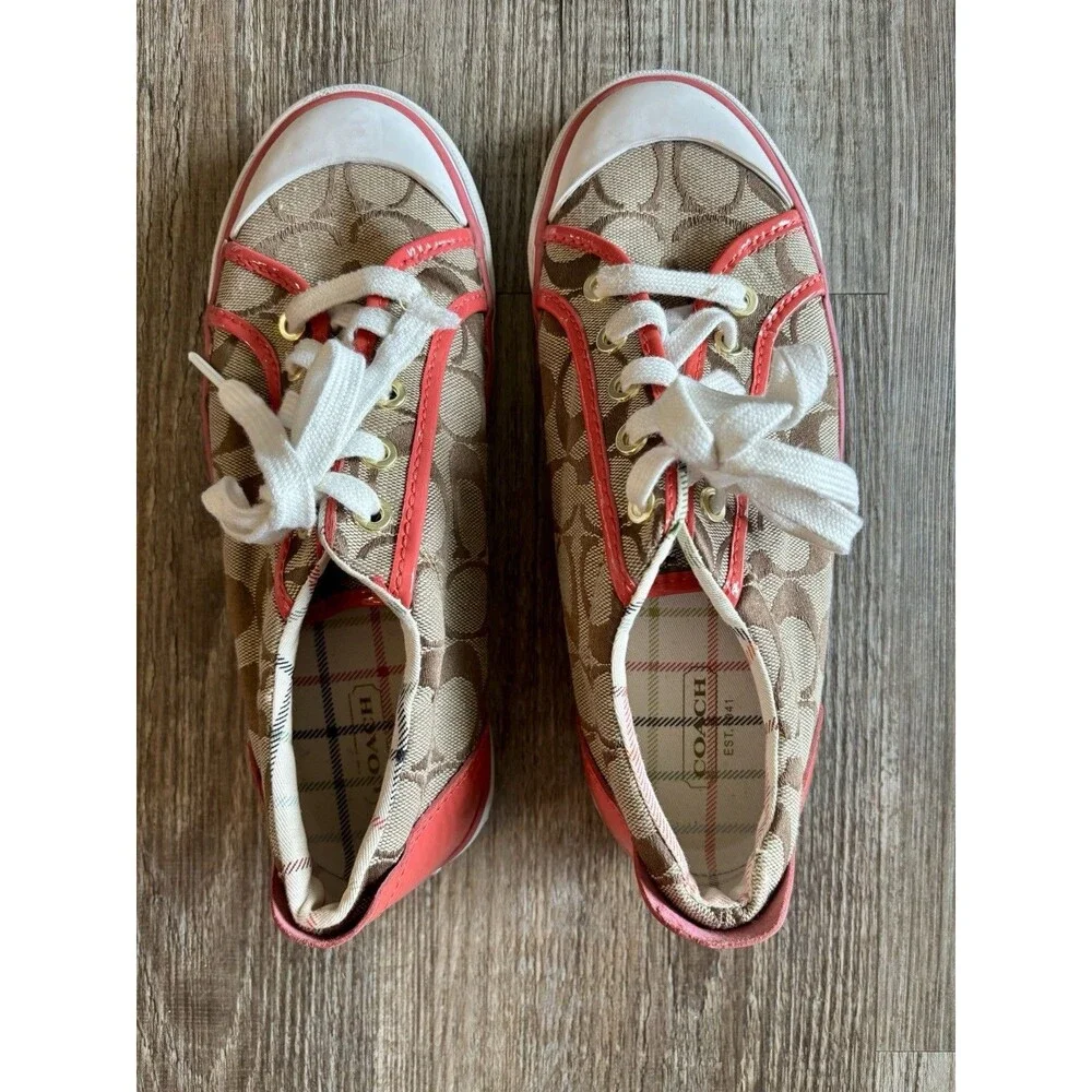 Coach Barrett Monogram Khaki Brown Pink Canvas Low Top Sneaker Tennis Shoe 7.5B